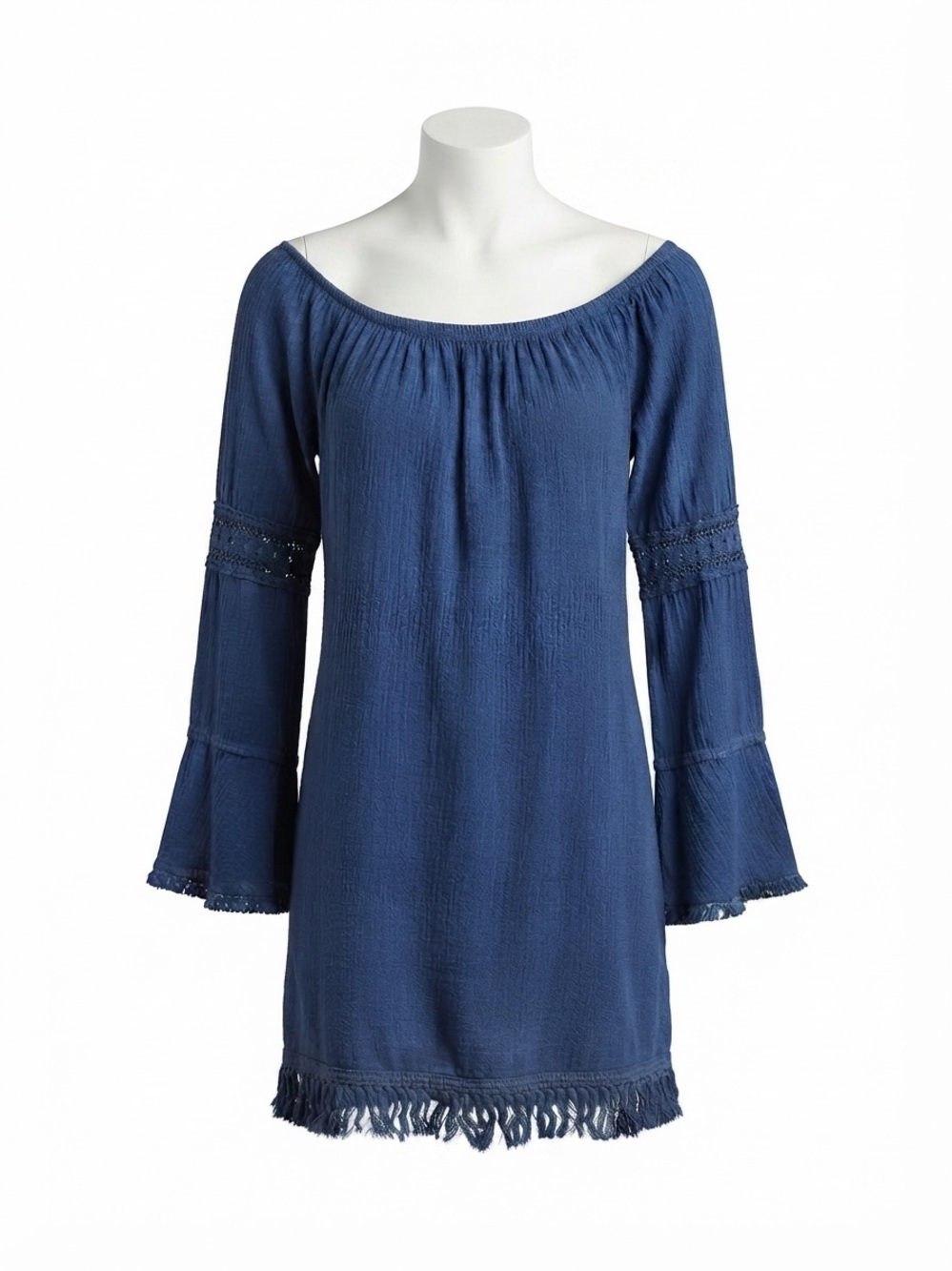 Cotton Natural Gauze Boho Mini Dress Blue Off Shoulder Bell Sleeve Fringe